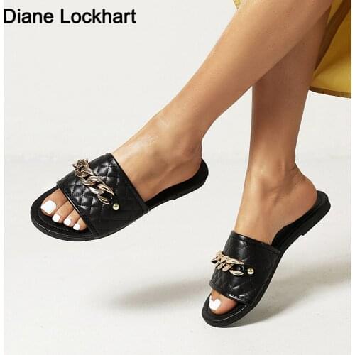 Summer Women Slippers Fashion Chain Decoration Slide Slip on Flat Sandals Casual Vacation Beach Flats Shoes Ladies Flip Flops 41