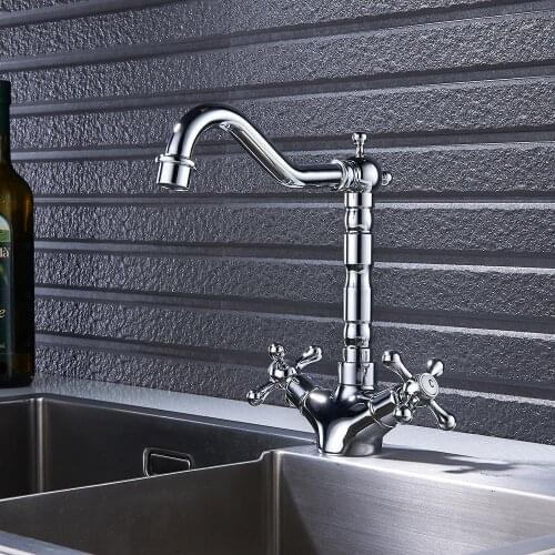 Basin Faucets Polished Chrome Bathroom Sink Faucet Double Cross Handle Bath kitchen Mixer Hot and Cold Tap ZD1100