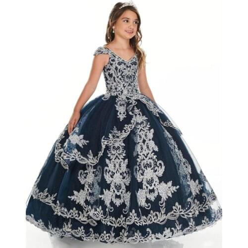Navy Blue Flower Girl Dresses V Neck Appliqued Beaded Sequined Lace Girl Pageant Gown Ruffle Tiers Custom Made Ballroom Birthday