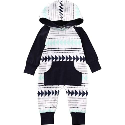 Spring Autumn Newborn Baby Boys Infant Long Sleeve Geometric Romper Cotton Clothes Outfits Casual Babies Pullover Hooded Rompers