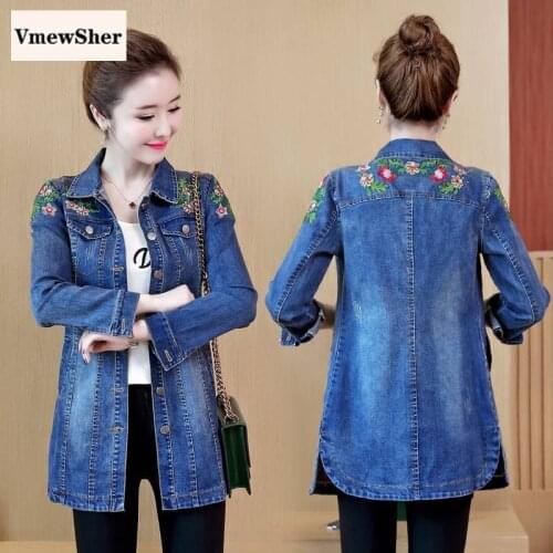 VmewSher New 5XL Floral Embroidery Denim Jacket Women 2020 Spring Autumn Female Slim Long Jean Jacket Plus Size Long Sleeve Coat