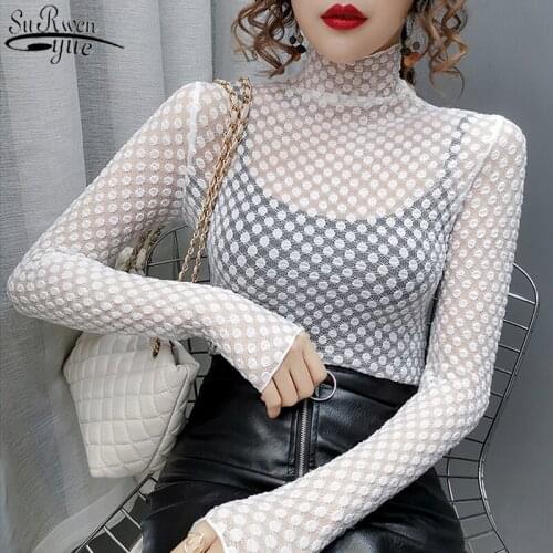 Autumn and Winter New Style Sexy Priming Lace Upper Garment Female Long Sleeve Turtleneck Lace Bottoming Shirt Blusas 10813