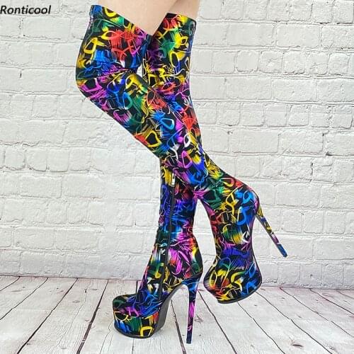 Ronticool Women Platform Thigh Boots Winter Side Zipper Stiletto Heels Round Toe Beautiful Multi Color Club Shoes Us Size 5-13