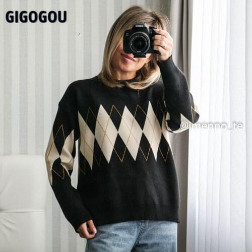 GIGOGOU Geomatric Knit Womens Sweater O NECK Long Sleeve Pullover Top Blouse Autumn Winter Thick Warm Woman Christmas Sweaters