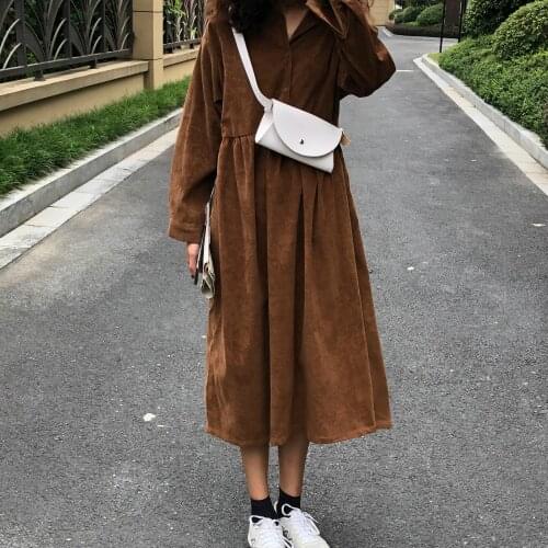 2021 New Women High Waist Corduroy Long Shirt Dress with Buttons Spring Loose Vintage Full Sleeve A-line