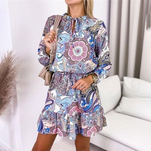 Autumn Vintage Print Mini Dress Women 2021 Casual Sexy V-neck Long Sleeve Lace-up Ruffles Dresses Woman Elegant Boho Beach Dress