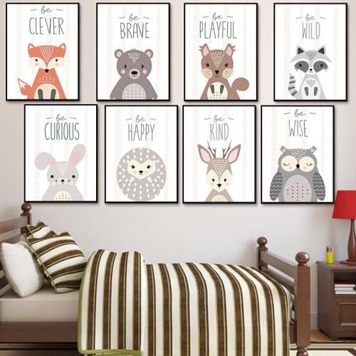 Animal Letter Cartoon Rabbit Owl Bear Squirrel Hedgehog Raccoon Canvas Painting Poster Nursery Room Decorative Wall Picture