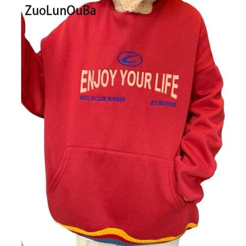 ZuoLunOuBa Winter Plus Velvet Woman Korean Sweatshirt Print Letter Hoodie Fashion Female Lamb Wool Side Hat Pullover Lady