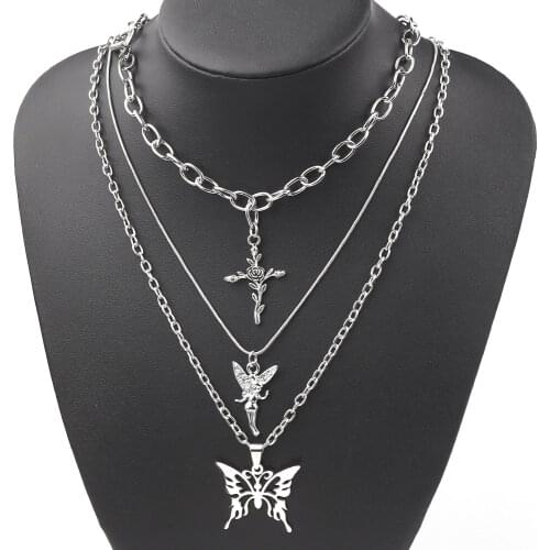 3 Layers Hip Hop Cool Butterfly Choker Necklaces For Women Cross Rose Angel Pendant Clavicle Chain Jewelry Necklaces Charm Gifts