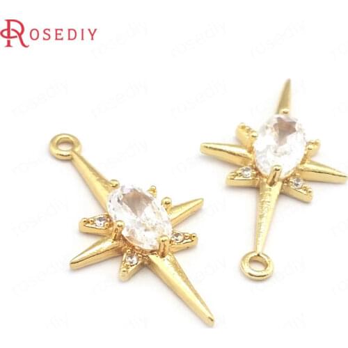 39627)6PCS 12.5x21.5MM Hole 1.2MM 24K Gold Color Brass and Zircon Star Charms Pendants Jewelry Making Supplies Diy Accessories
