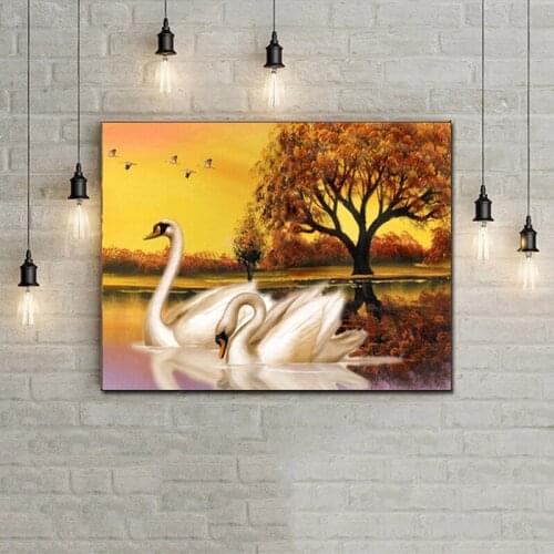 5D DIY Diamond Painting Embroidery Two Swans Square Rhinestone Diamond Dusk Sunset Cross Stitch Mosaic Lake Home Decoration Gift
