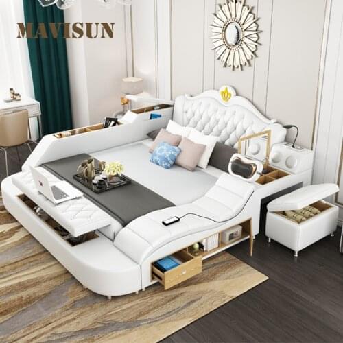 Large Multifunctional Leather Bed With Storage Space Modern Mild Luxury Massage Wedding Bed 180cm Smart Bedroom Set For Adults