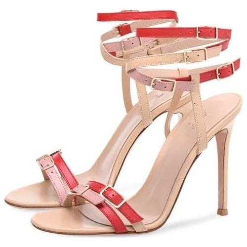 Buckles Decoration Red Nude White Patchwork Open Toe Stiletto Heels Summer High Heel Leather Sandals Dress Party Shoes Lady