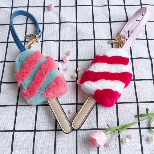 Korean Style Keychain Luxury Real Fur Ice-Cream Sticker Keyring For Students Schoolbag Pendant Car Trinkets Accessories Chains