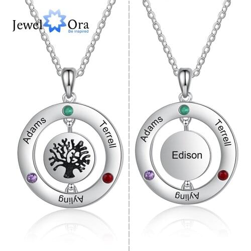 JewelOra Designer Personalized Family Tree Pendant with 3 Birthstones Customized Name Engraved Rotatable Round Necklace Jewelry