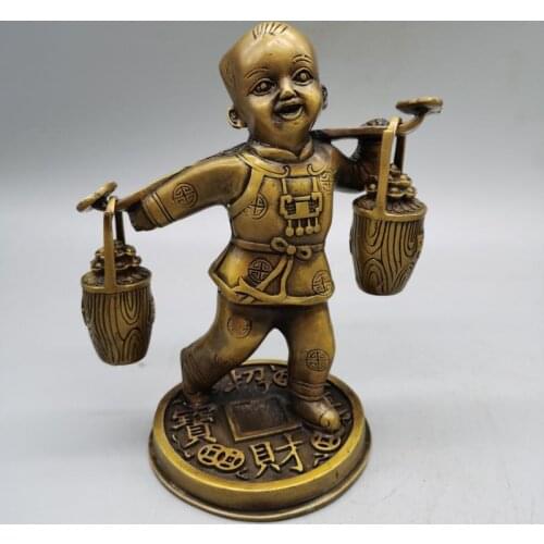 Collectable Chinese Fengshui Brass Mammon children Wealth Money Carved Boy Kid Ruyi carry a load Yuan Bao Statue art sculpture
