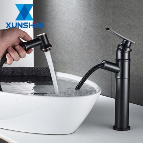 XUNSHINI ORB Pull Out Bathroom Faucet Brass Basin Faucet Spray Sink Tap Hot And Cold Water Crane Deck Mount Faucets