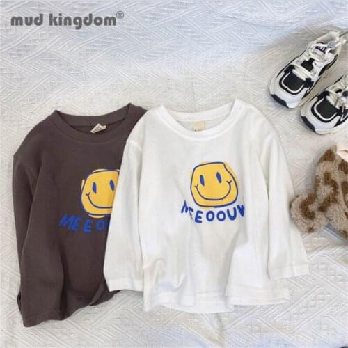 Mudkingdom Fashion Boys Girls T-shirt Smiley Letter Long Sleeve Crew Neck Casual Tops for Toddler Drop Shoulder Kids Clothes