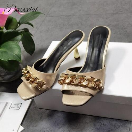 Gold Metal Chains Decor Lazyman Mules Lady Square Open Toe Slingbacks Thin Heel Summer Sandals For Girls Women