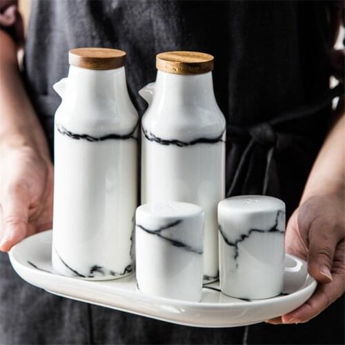 Ceramic Salt And Pepper Oil Bottle Set Marble Pattern Olive Soy Seasoning Vinegar Bottles Wedding Favors Kitchen Cooking Tools