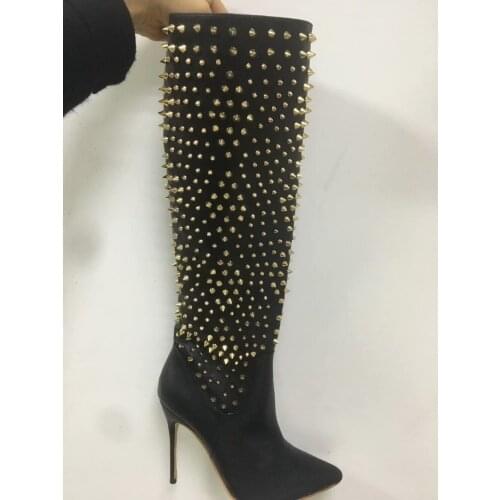 New Fashion Women Pointed Toe Knee High Spike Design High Heel Boots Gold Rivet Long Leather Boots Sexy Dress Shoes