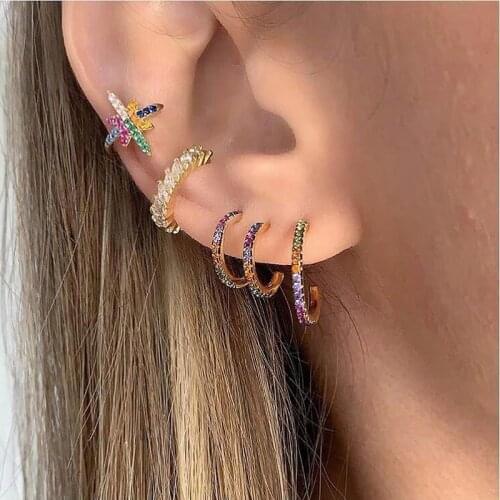 New Stud micro pave cz circle Earrings With Blue Red Stone mix Rainbow CZ Rose gold Stud Earring girl earring women jewelry