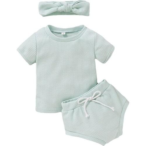 Solid Tops+Shorts+Headwear 3PCS Baby Girl Clothes Sets Cotton Short Sleeve Summer O-Neck Girls Baby Clothing Sets Ropa bebe