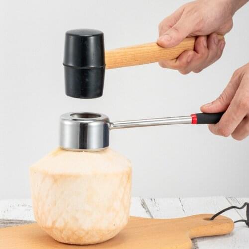 Coconut Opener Tool Set Food Grade 304 Stainless Steel Opener Coconut Meat Tool Wooden Handle Rubber Hammer Easy To Use Durable