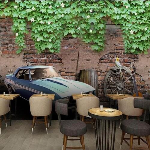 Drop Shipping Wallpaper 3d Retro Brick Wall Classic Cars Vine Plant Background Wallpaper Restaurant Corridor Tea House Mural