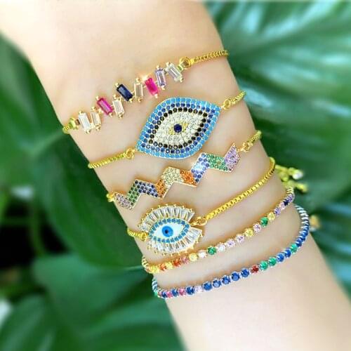Rainbow CZ Evil Eye Protection For Women Jewelry Gold Pendant Charm Crystal Bracelet Dainty Link Adjustable Gift For Girl 2021