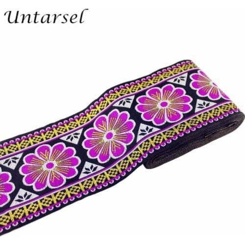 Untarsel purple flower garment ribbon tape 5yards/lot wide webbing strap curtain bags luxury ethnic trim DIY handmade accessory
