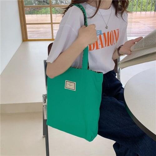 Women Double Sided Canvas Bag Korean Shoulder Bag Leopard Grain Print Shopping Bag Cotton Cloth Ladies Handbag Student Books Bag