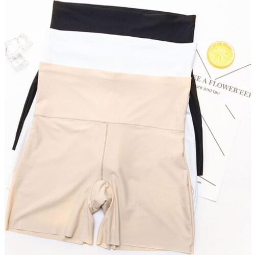 Women High Waist Ice Silk Safety Shorts Invisible Seamless Cotton Crotch Lip Boxer Brief Underwear Solid Color Stretchy Boyshort