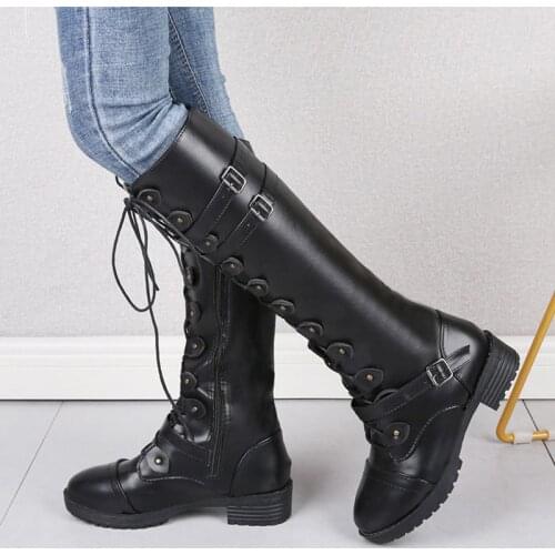 Women Metal Buckle Knee High Boots Womens Roman Lace Up Shoes Woman Cool Low Heel Female Boot Ladies Leather Footwear Plus Size