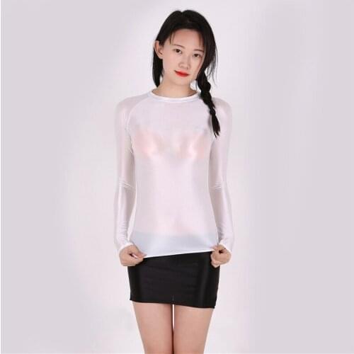 Women Sexy Satin Glossy Transparent Yoga Tops Shiny Nylon Long Sleeve Perspective Gym Shirts Skinny Workout Slim T-shirt Elastic
