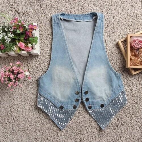 2021 Big Size Vintage Denim Waistcoat Women Blue Sequined Denim Vest Fashion Slim Lady Sleeveless Coats Jackets Outwear WZ1437