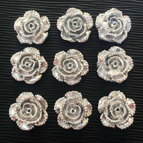 40PCS 14mm Silver Flower Rose Resin Rhinestone Flatback Cabochon Stone DIY Phone/Jewelry Scrapbooking Accessories HA353