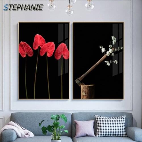 Abstract Life In Dark Night Wall Art Picture White Red Flower Poster Print for Living Room Interior Designer HD Plant Canvas Art