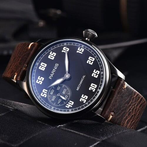 2019 Parnis 44mm Black Case Mens Watch Top Luxury Brand Hand Winding Mechanical Watches 17 Jewels Mens Wrist Watches Man Clock
