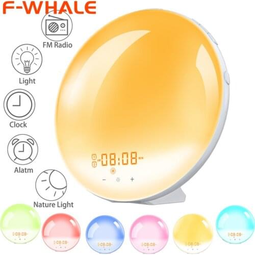 Nature Wake Up Light Digital Alarm Clock Snooze Night Lamp Sunrise Simulation & Sleep Aid Colorful Light With FM Radio