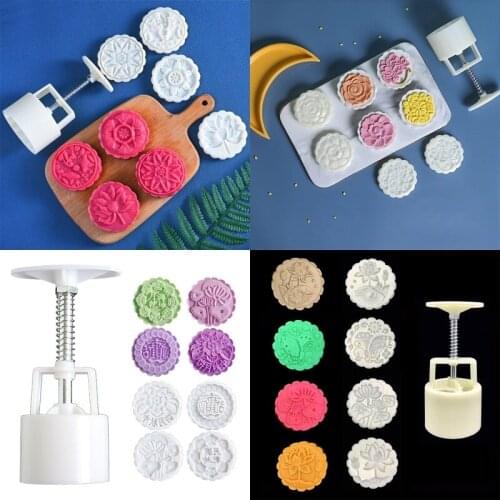100/125g Mooncake Barrel Mold with 4pcs Stamps Hand Press Moon Cake Pastry Mould GXMA