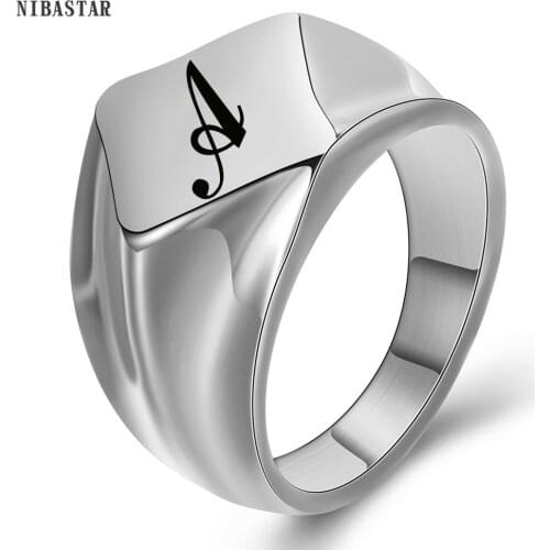 NIBASTAR Customize Signet Letter Ring For Men Stainless Steel Initial Stamp Ring Personalized Engraved Jewelry Gift For Him