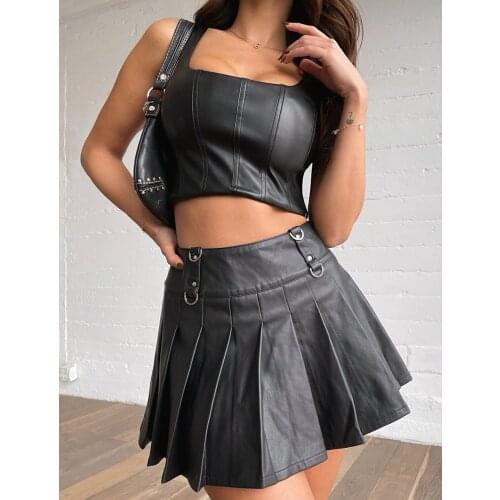 Women Sexy PU Leather Two Pieces Sets Summer Black Streetwear Sleeveless Bustier Tank Tops High Waist Mini Pleated Skirt Outfit