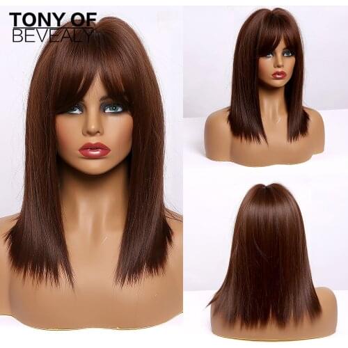 Medium Length Brown Straight Natural Synthetic Wigs With Bangs for Afro Women Bob Wigs Heat Resistant Cosplay Lolita Wigs