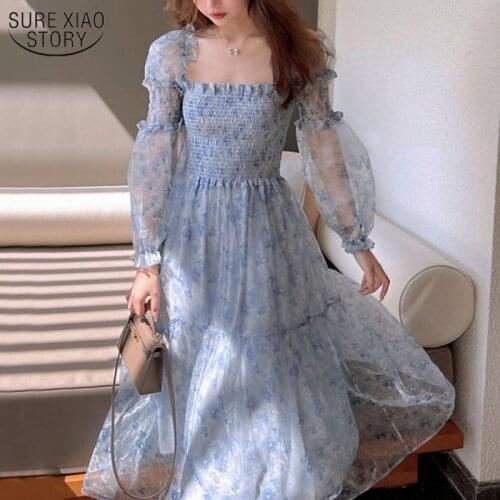 Summer Lace Elegant Midi Dress Women Puff Sleeve Square Collar Boho Beach Floral Dress Female Party One Piece Dress Korean 14514