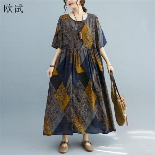 Plus Size Summer Floral Plaid Cotton Dress Women Ladies Dresses Long Oversized Vintage Casual Loose Dress Robe 2021 4XL 5XL 6XL