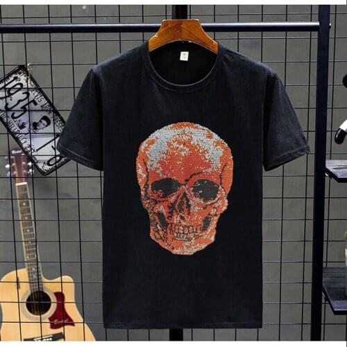 Summer Mens T-Shirt High-Quality Breathable Modal Cotton Hot Drill Design Top Rhinestone Short-Sleeved Skull Plus Size 5xl Tees