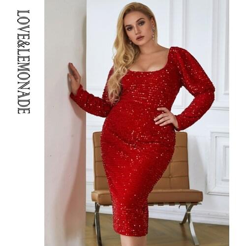 LOVE&LEMONADE PLUS SIZE Sexy Red Square Collar Bodycon Over The Knee Bubble Long Sleeve Sequin Midi Dress LM82691P
