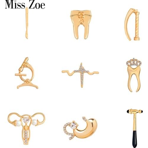 Medical Brooches Collection Crystal Uterus Microscope Scalpel Stomach ECG Tooth Pins Jewelry For Doctor Nurse