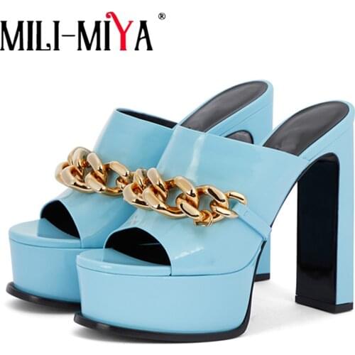 MILI-MIYA 2021 Hot Sale Thick High Heels Platform Women Slippers Peep Round Toe Metal Chain Summer Prom Shoes Plus Size 34-43